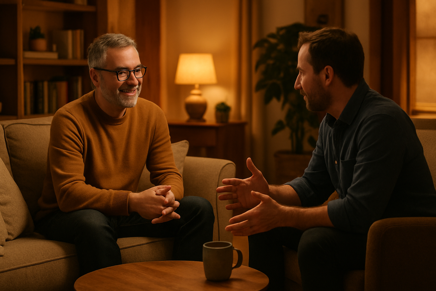 generate image with cozy and comfortable place with 2 mans discussing on it