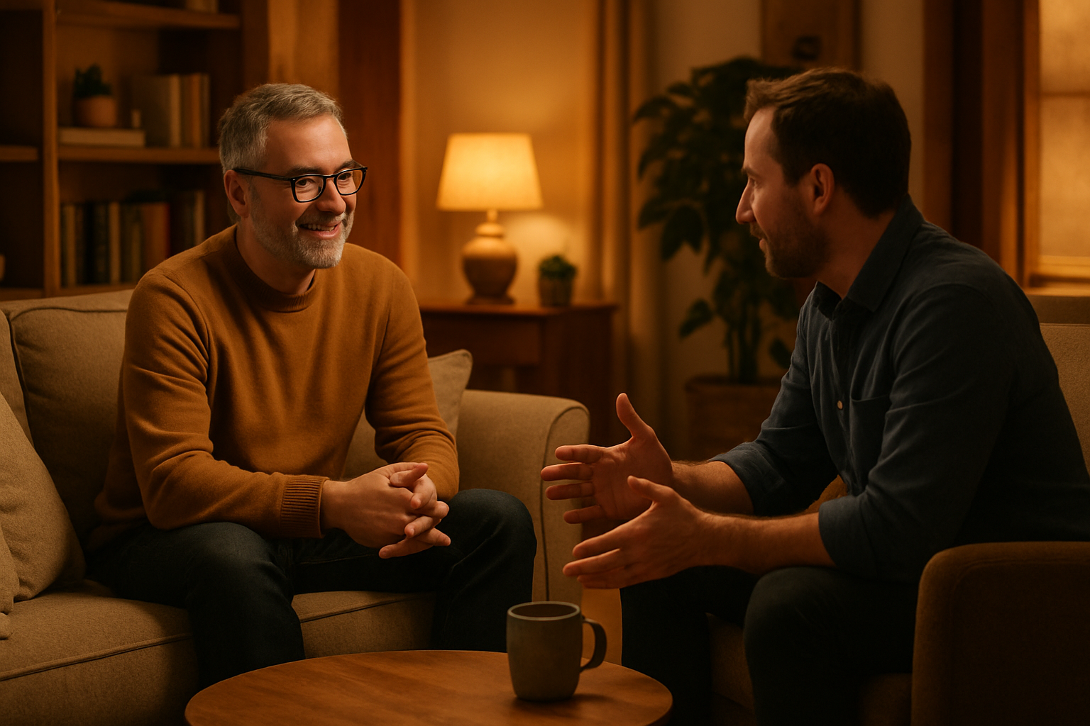 generate image with cozy and comfortable place with 2 mans discussing on it