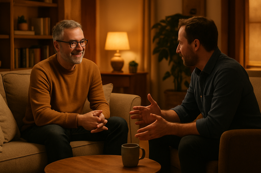 generate image with cozy and comfortable place with 2 mans discussing on it